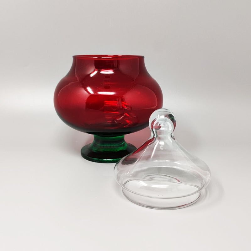 Vintage red and green jar in Empoli glass by Rossini, Italy 1960s