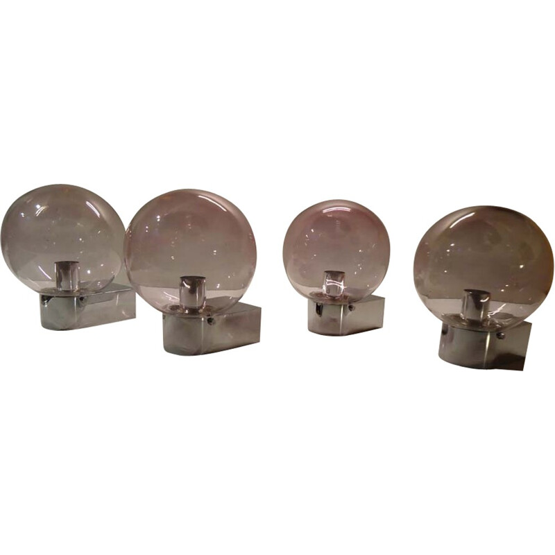 Set of 4 German wall lamps in smoked glass and chromed steel - 1960s