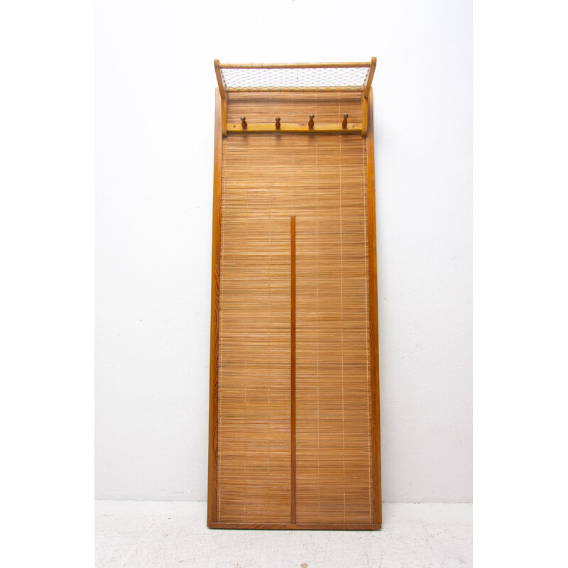 Vintage wicker, plywood and beech wood wall coat rack by Uluv, Czechoslovakia 1960