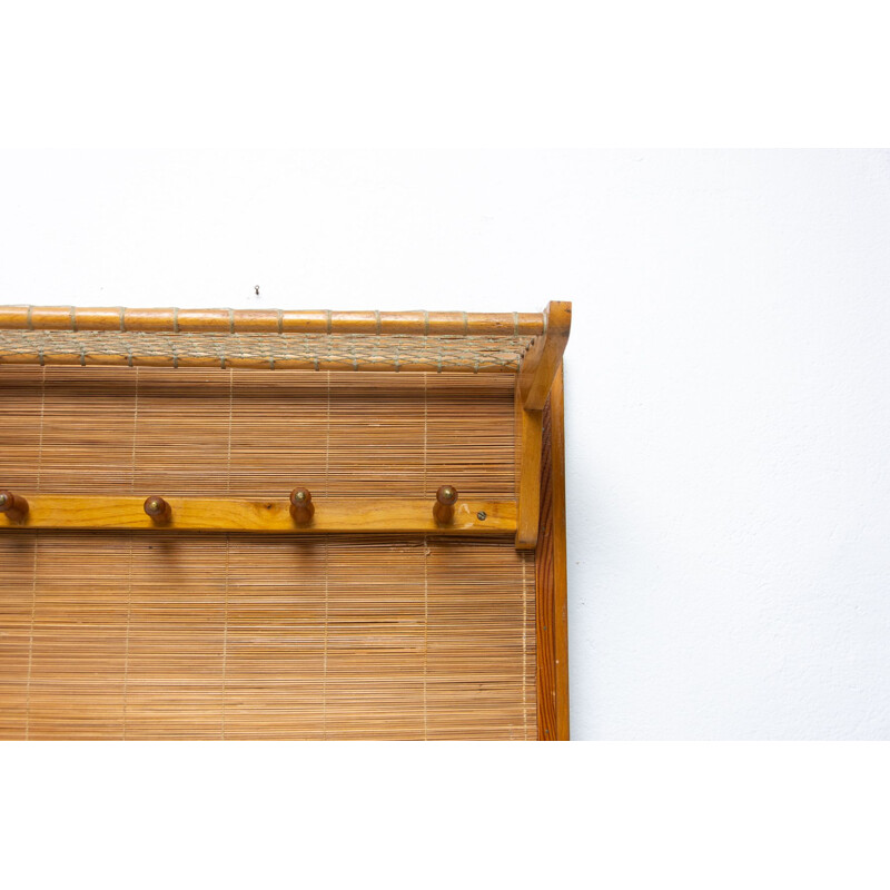 Vintage wicker, plywood and beech wood wall coat rack by Uluv, Czechoslovakia 1960