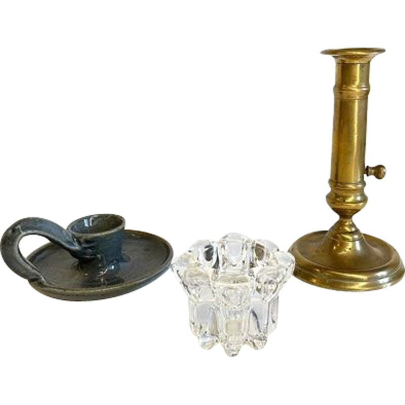 Set aus 3 Vintage-Kerzenhaltern aus Gré, Messing und Kristall