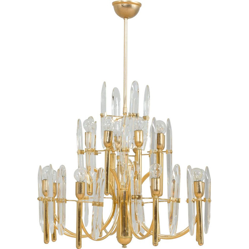 Vintage gold brass & crystal glass chandelier by Gaetano Sciolari, Italy 1970s