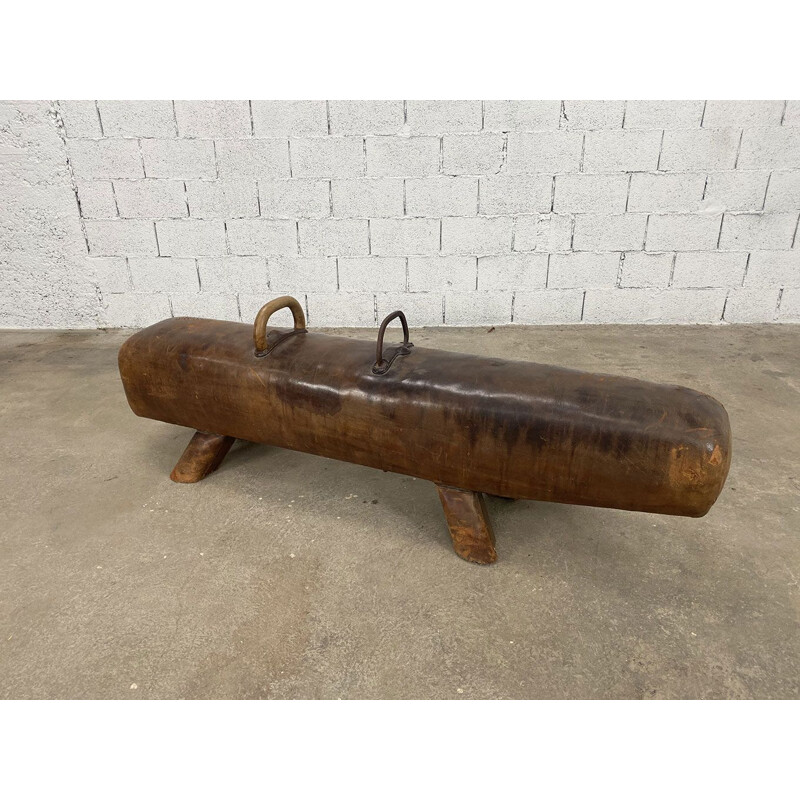 Vintage leather pommel horse with wood and metal handles, 1900