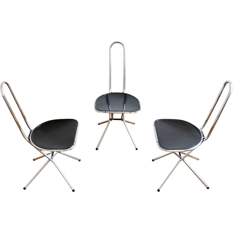 Ensemble de 3 chaises vintage pliable en plexi noir et chromé par Niels Gammelgaard pour Ikea, Italie 1980