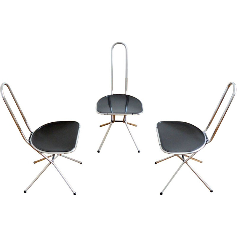 Set of 3 vintage folding chairs in black plexi and chrome by Niels Gammelgaard for Ikea, Italy 1980