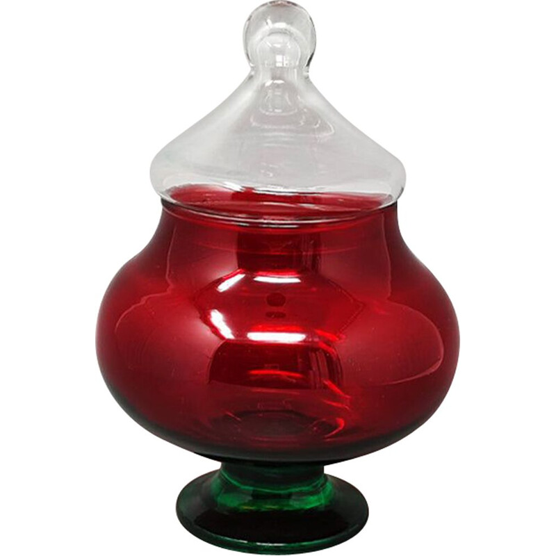 Vintage red and green jar in Empoli glass by Rossini, Italy 1960s