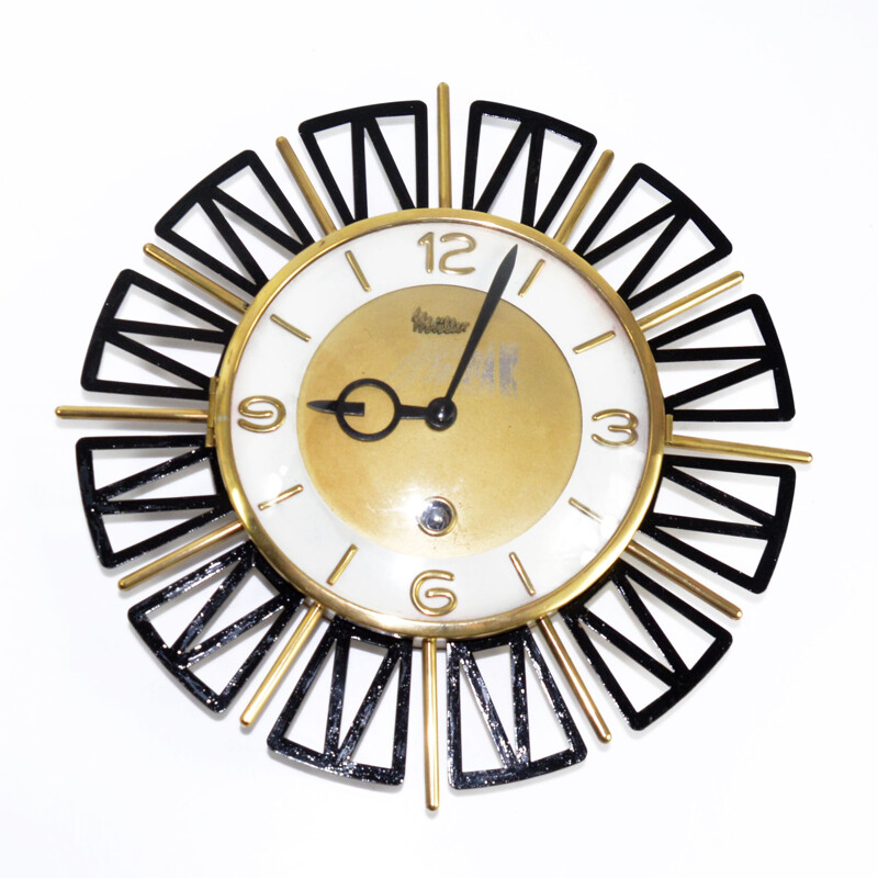 Vintage mechanical wall clock in metal and glass by Müller, Germany 1960