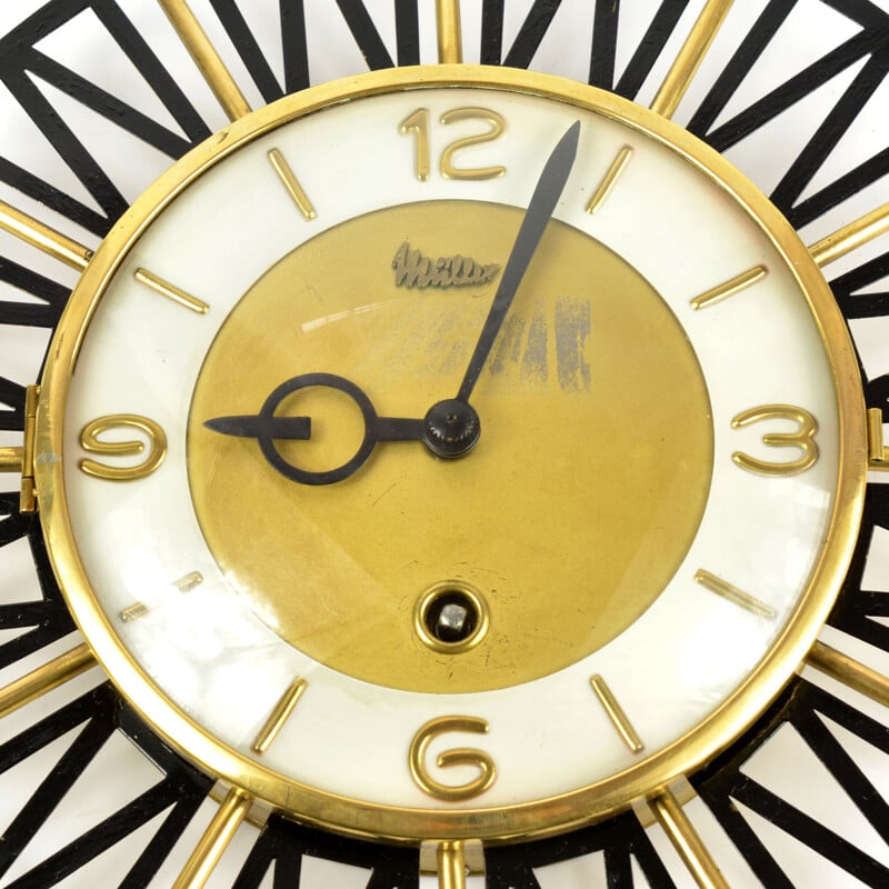 Vintage mechanical wall clock in metal and glass by Müller, Germany 1960