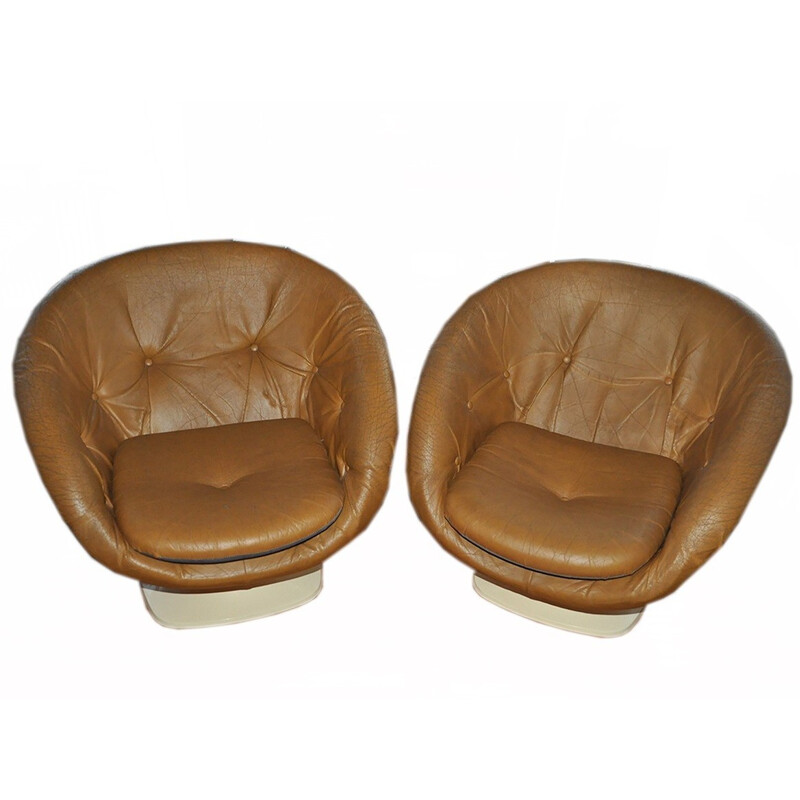 Pair of vintage armchairs in leather and plastic by Raphael Raffel, 1970s