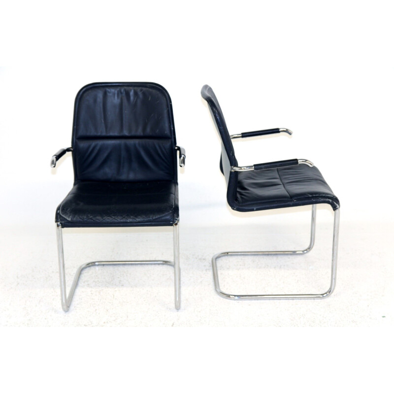 Paire de fauteuils "Cicero" vintage en métal et en cuir par Kenneth Bergenblad pour Dux Aksel, Suède 1980