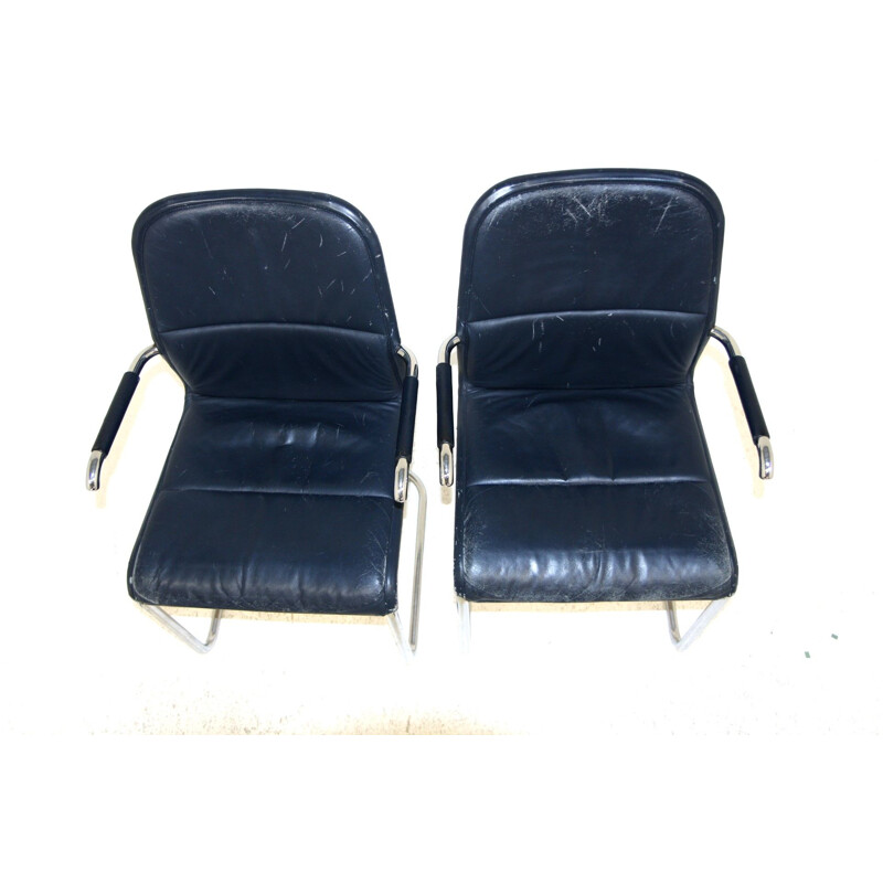 Vintage "Cicero" Sesselpaar aus Metall und Leder von Kenneth Bergenblad für Dux Aksel, Schweden 1980