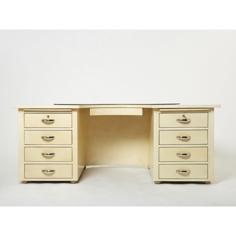 Vintage half-moon oakwood desk with parchment covering by Jacques Adnet, 1940