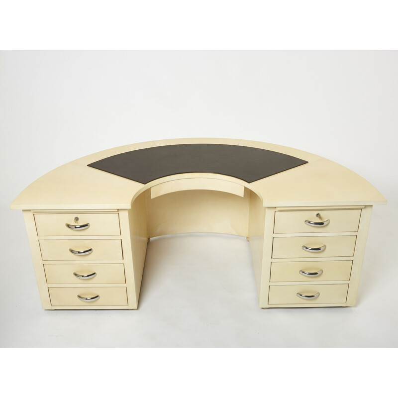 Vintage half-moon oakwood desk with parchment covering by Jacques Adnet, 1940