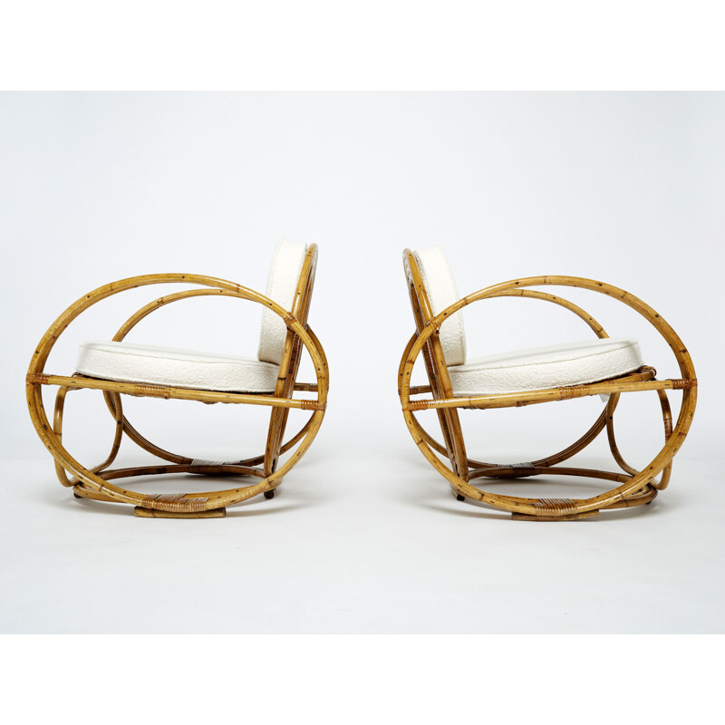 Pair of vintage bamboo and wool curly armchairs, Italy 1960