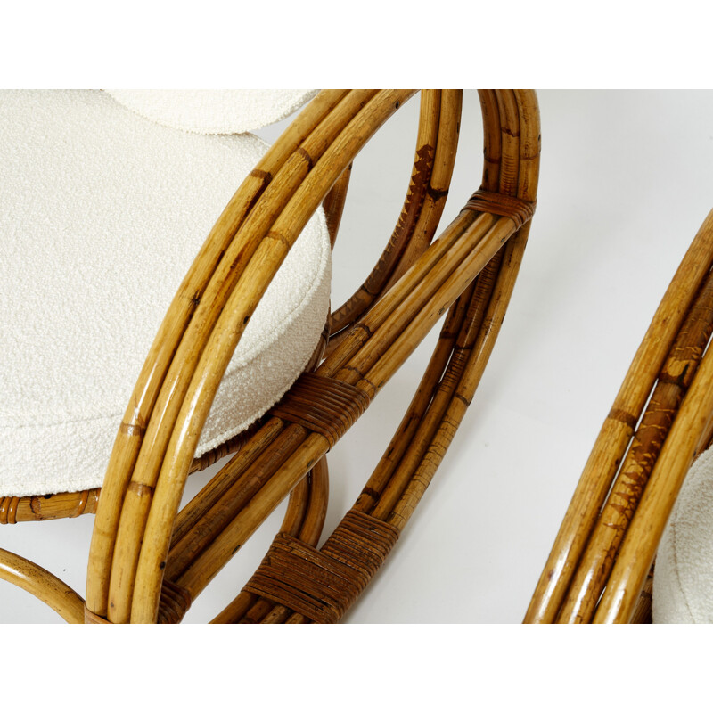 Par de poltronas de bambu vintage e de lã encaracolada, Itália 1960