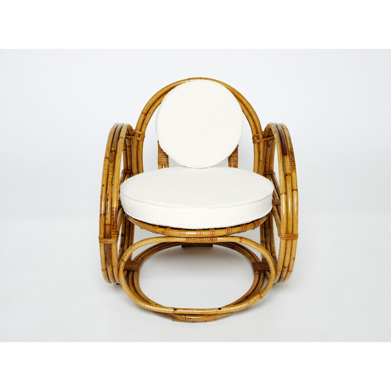 Paire de fauteuils vintage en bambou et laine bouclé, Italie 1960