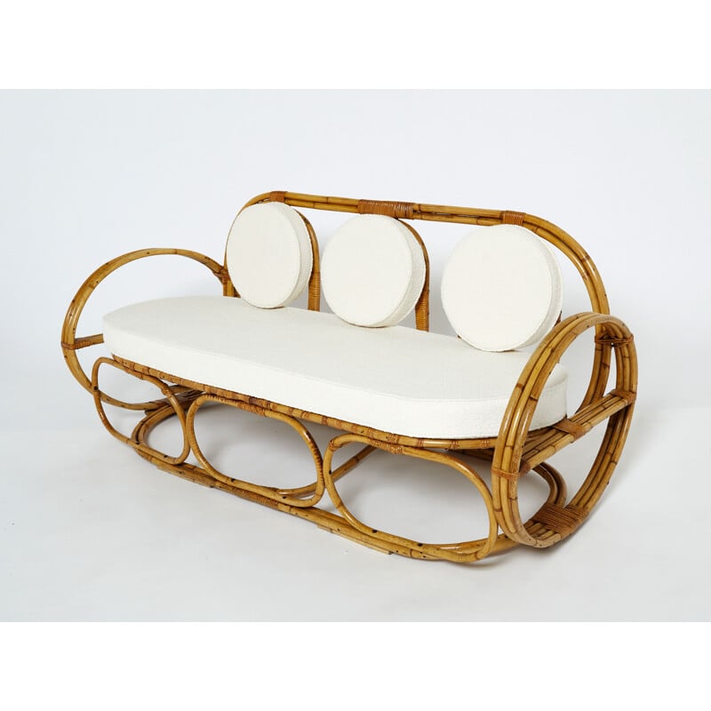 Vintage Italian 3-seater sofa and a footrest in bamboo and wool, 1960s