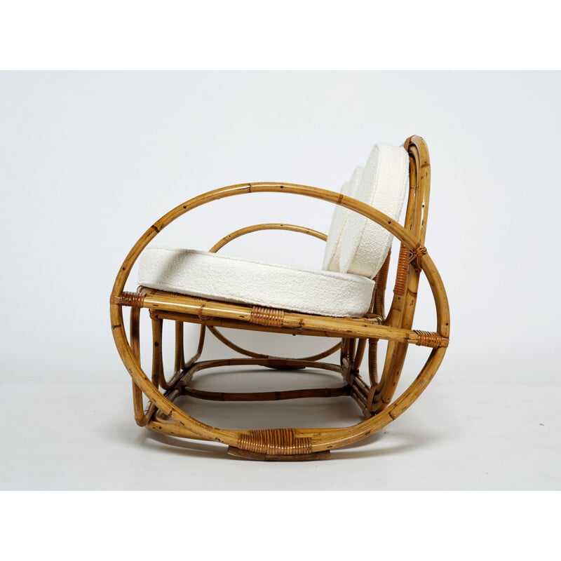 Italienisches 3-Sitzer-Sofa und Hocker im Vintage-Stil aus Bambus und Bouclé-Wolle, 1960