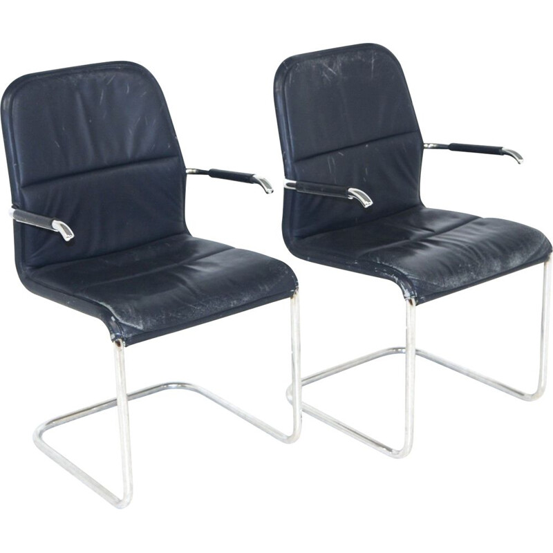 Pair of vintage metal and leather "Cicero" chairs by Kenneth Bergenblad for Dux Aksel, Sweden 1980
