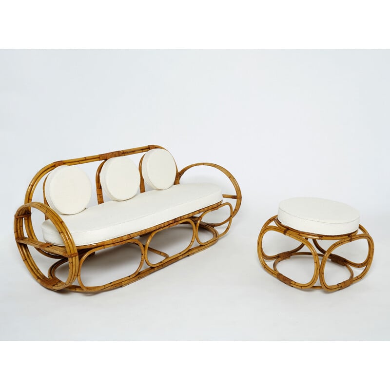 Vintage Italian living room set in bamboo and curly wool, 1960s