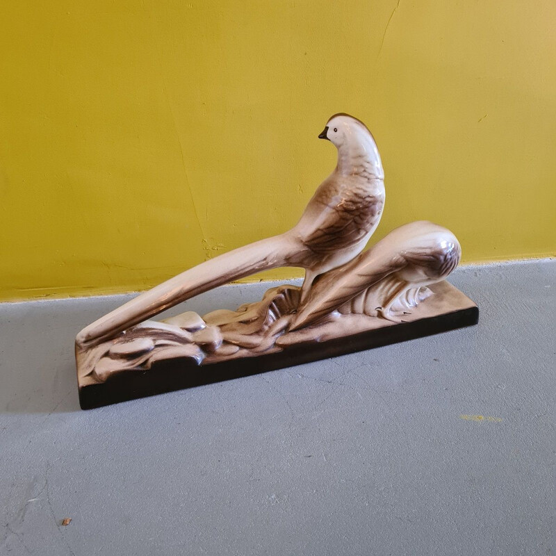 Vintage art deco ceramic pheasant statue, France 1920