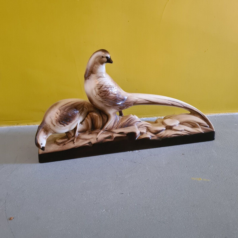 Vintage art deco ceramic pheasant statue, France 1920