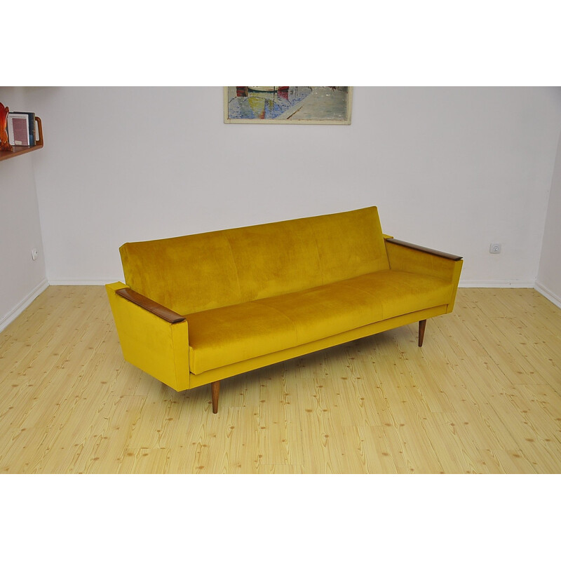 Vintage yellow velvet 3-seater sofa with fold-out function, 1960s