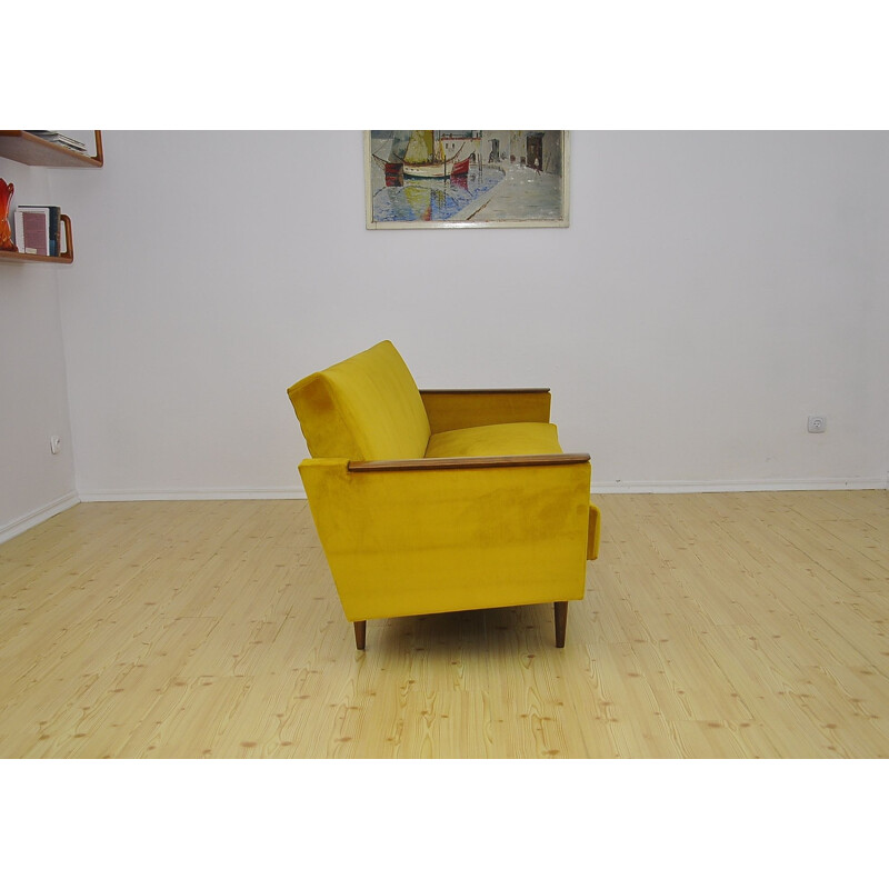Vintage yellow velvet 3-seater sofa with fold-out function, 1960s