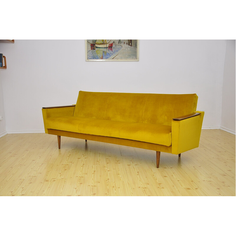 Vintage yellow velvet 3-seater sofa with fold-out function, 1960s