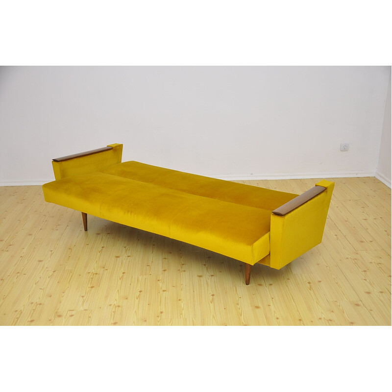 Vintage yellow velvet 3-seater sofa with fold-out function, 1960s