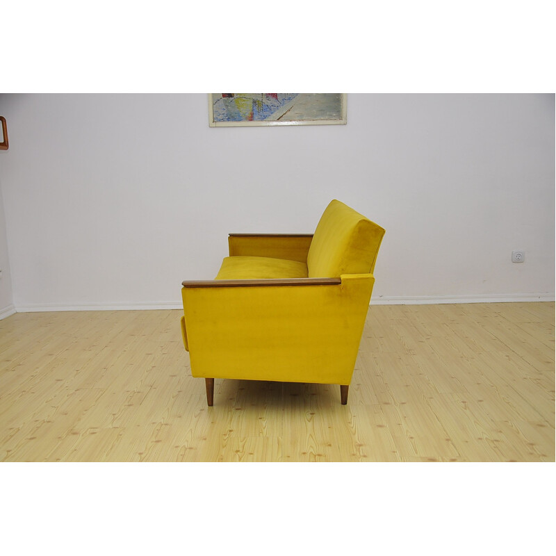 Vintage yellow velvet 3-seater sofa with fold-out function, 1960s