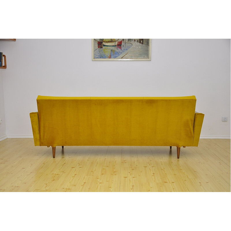 Vintage yellow velvet 3-seater sofa with fold-out function, 1960s