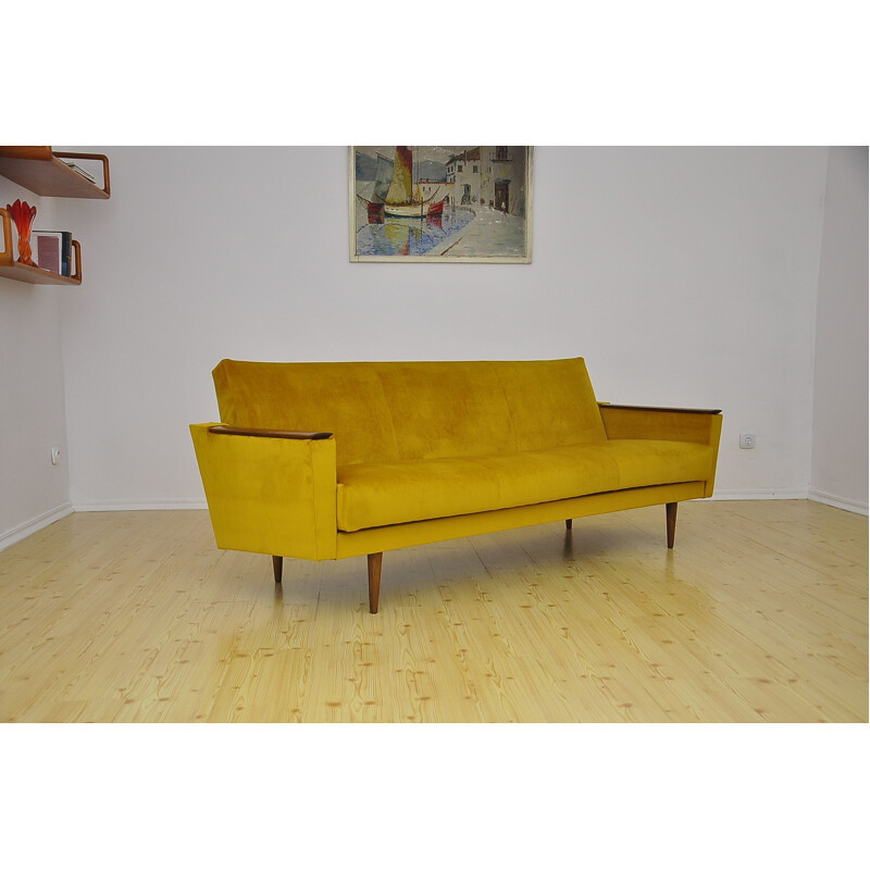 Vintage yellow velvet 3-seater sofa with fold-out function, 1960s