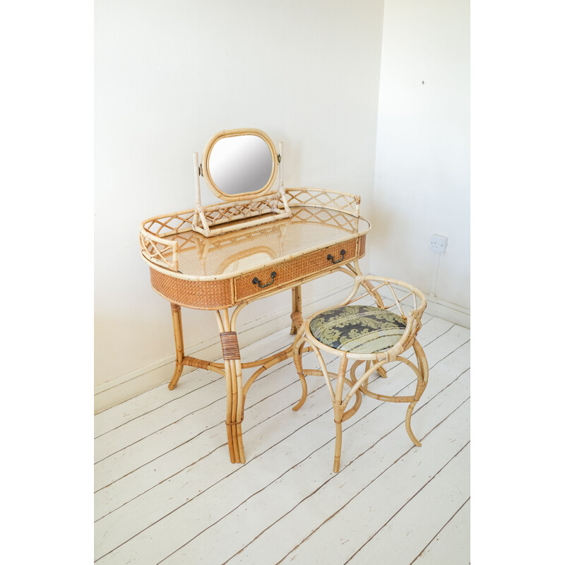 Vintage wicker dressing table set with bamboo framed mirror and upholstered stool, 1970