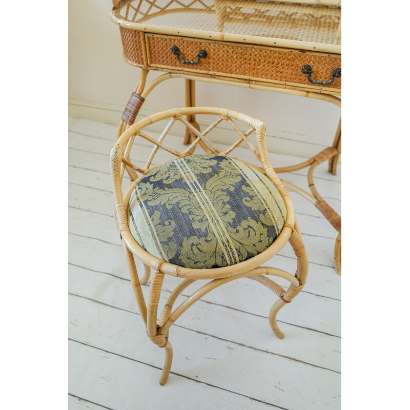 Vintage wicker dressing table set with bamboo framed mirror and upholstered stool, 1970