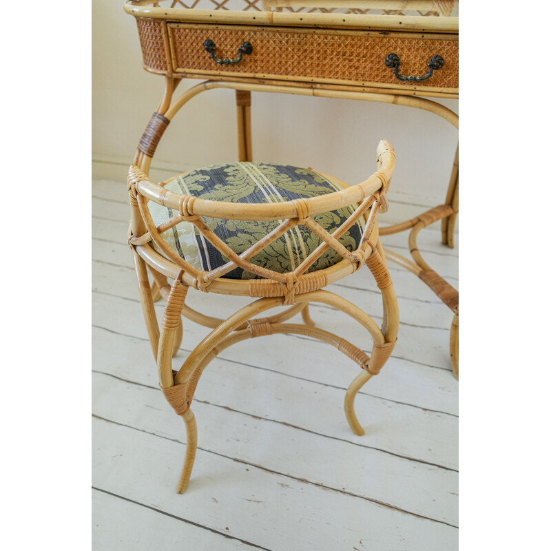 Vintage wicker dressing table set with bamboo framed mirror and upholstered stool, 1970