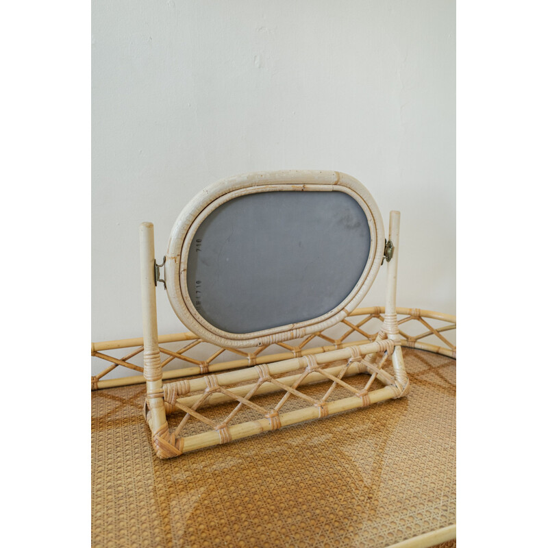 Vintage wicker dressing table set with bamboo framed mirror and upholstered stool, 1970
