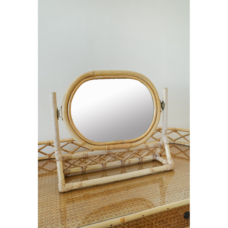 Vintage rieten kaptafel set met bamboe ingelijste spiegel en gestoffeerd krukje, 1970