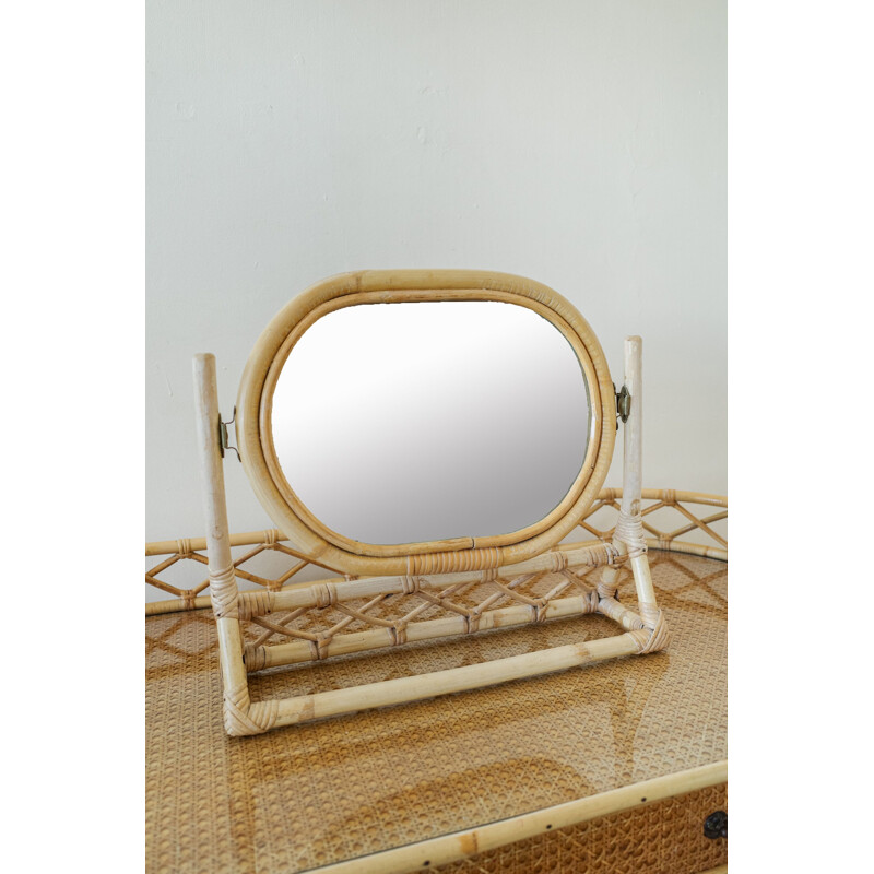 Vintage wicker dressing table set with bamboo framed mirror and upholstered stool, 1970