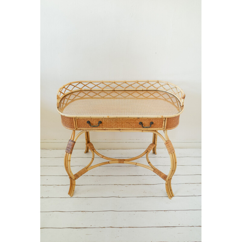 Vintage wicker dressing table set with bamboo framed mirror and upholstered stool, 1970