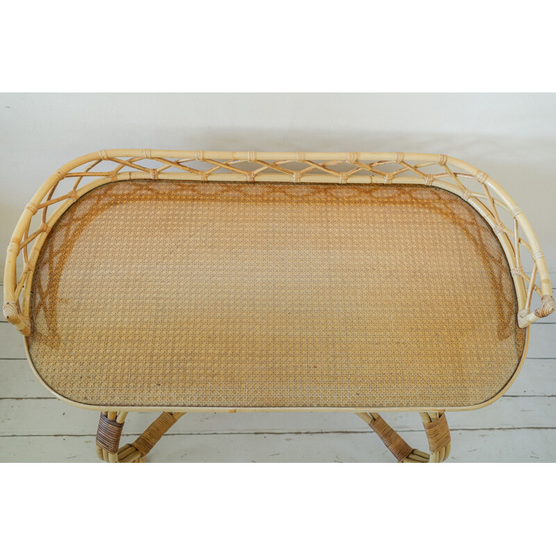 Vintage wicker dressing table set with bamboo framed mirror and upholstered stool, 1970