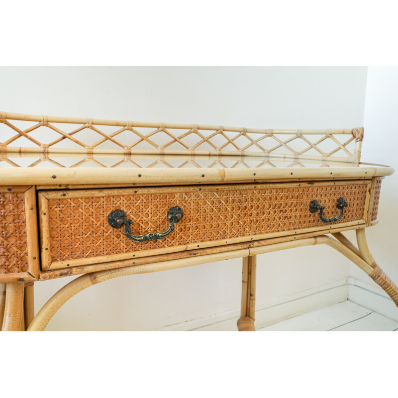 Vintage wicker dressing table set with bamboo framed mirror and upholstered stool, 1970