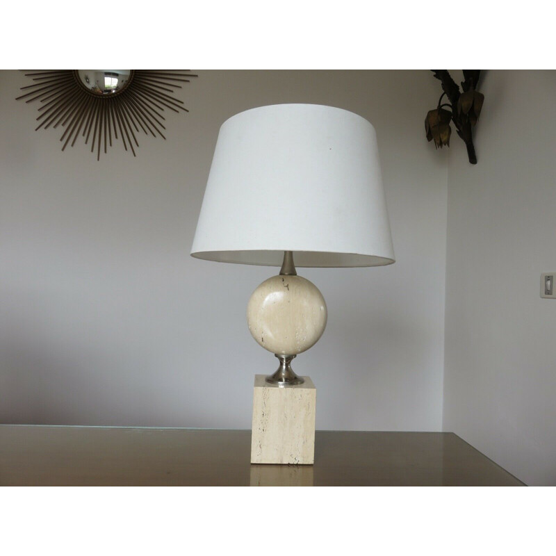 Vintage travertine and nickel-plated brass lamp by Philippe Barbier, France 1970