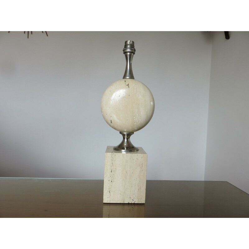 Vintage travertine and nickel-plated brass lamp by Philippe Barbier, France 1970