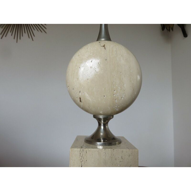 Vintage travertine and nickel-plated brass lamp by Philippe Barbier, France 1970