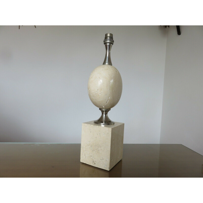 Vintage travertine and nickel-plated brass lamp by Philippe Barbier, France 1970