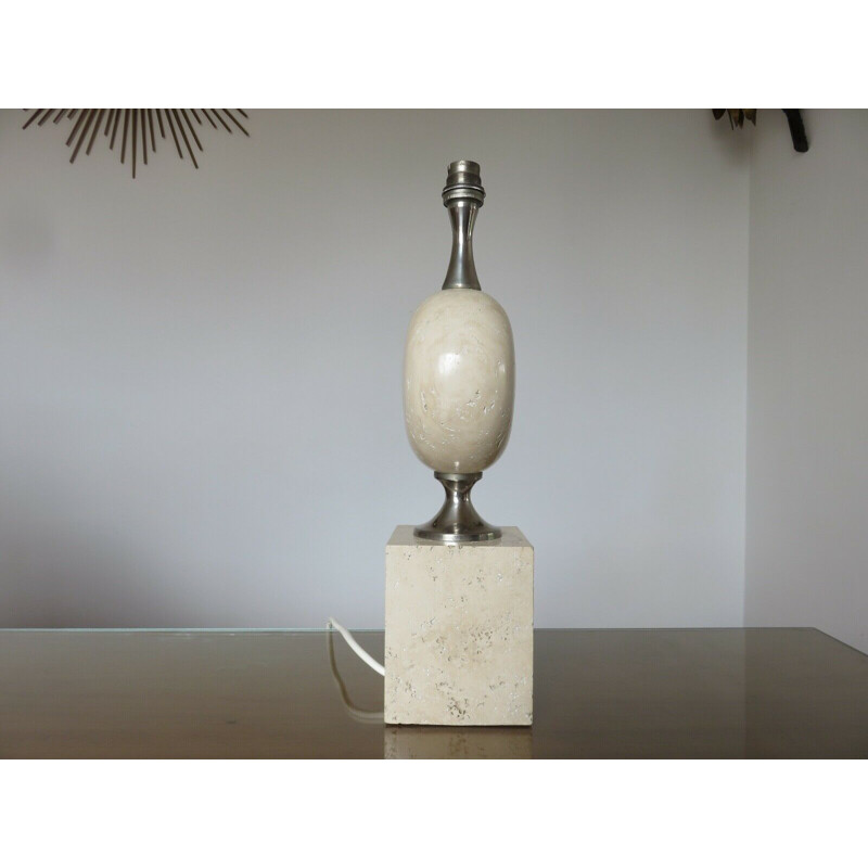 Vintage travertine and nickel-plated brass lamp by Philippe Barbier, France 1970