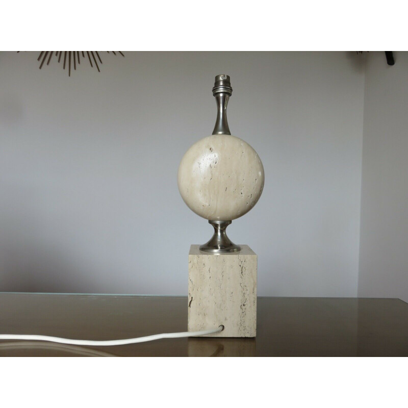 Vintage travertine and nickel-plated brass lamp by Philippe Barbier, France 1970