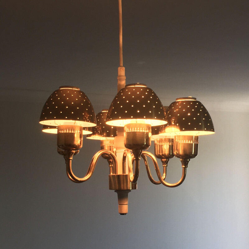 Scandinavian vintage brass chandelier by Hans-Agne Jakobsson for Markaryd, Sweden 1960