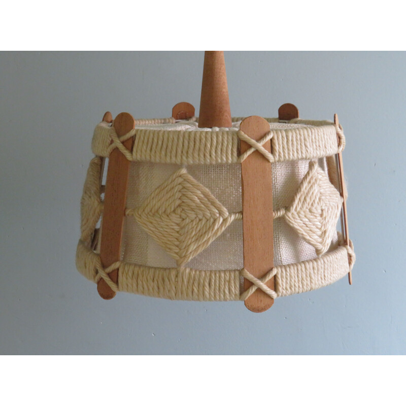 Vintage hanglamp in jute, teak en touw, België 1960